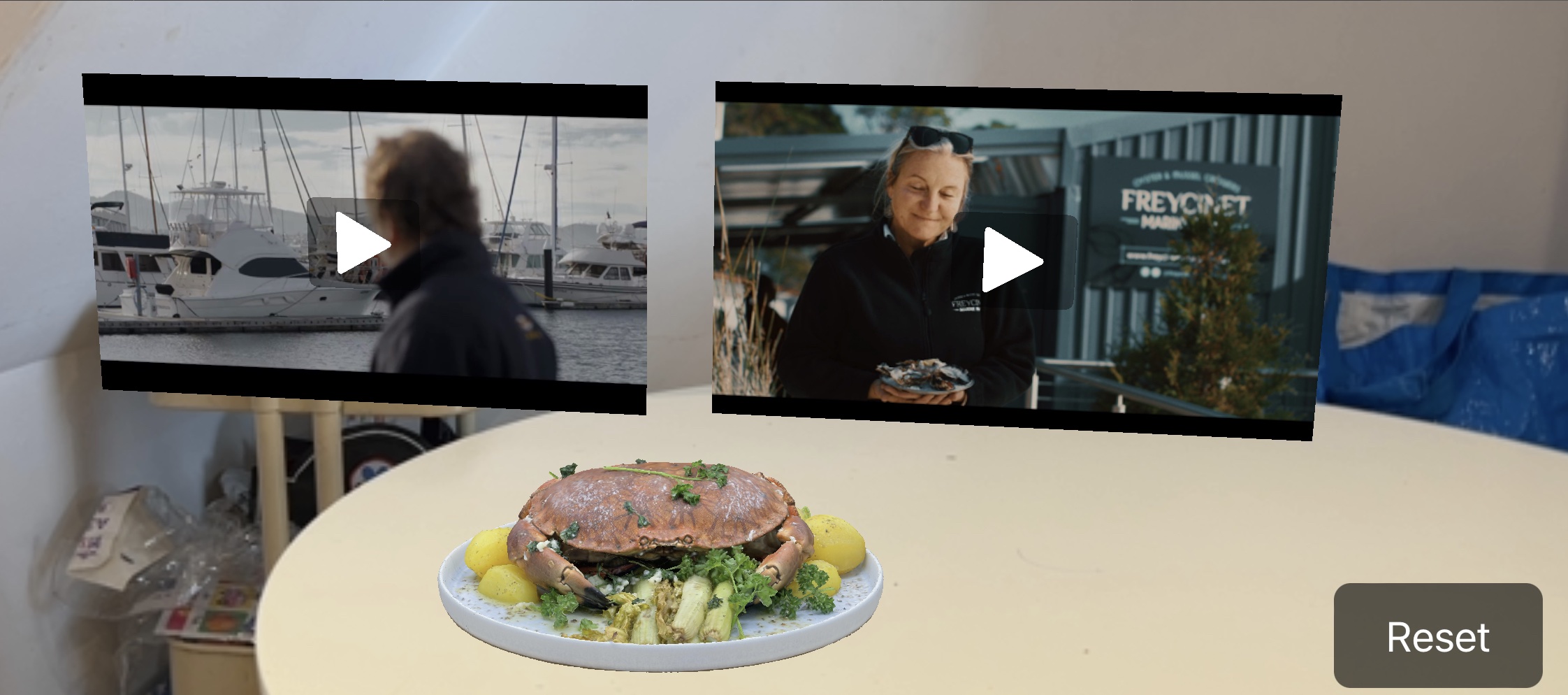 Web-AR experience. Displaying Crab and Chips and video within the Web AR experience.